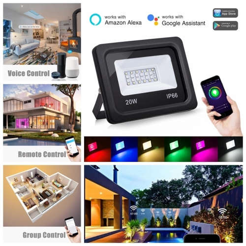 Wifi Control 20W Smart LED Floodlight Outdoor IP66 Waterproof Compatible with Alexa & Google home