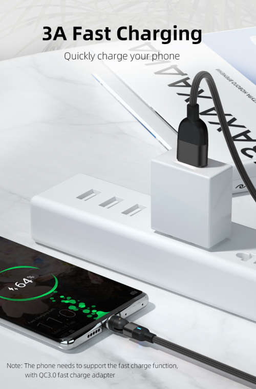 3 in 1 Magnetic Cable 3A Data Fast Charging 540 Rotatable 2m Micro, USB C, IOS Nylon Braided (Black)