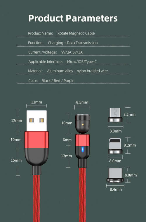 3 in 1 Magnetic Cable 3A Data Fast Charging 540 Rotatable 2m Micro, USB C, IOS Nylon Braided (Red)