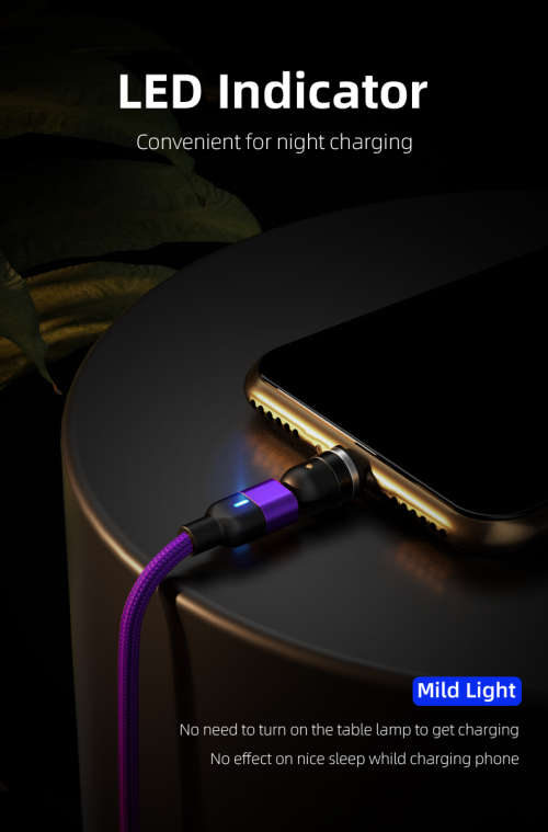 3 in 1 Magnetic Cable 3A Data Fast Charging 540 Rotatable 2m Micro,USB C, IOS Nylon Braided (Purple)