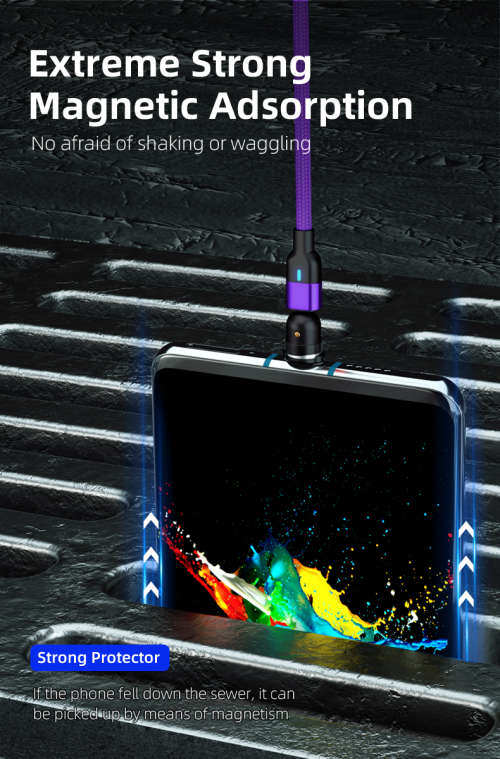 3 in 1 Magnetic Cable 3A Data Fast Charging 540 Rotatable 2m Micro,USB C, IOS Nylon Braided (Purple)