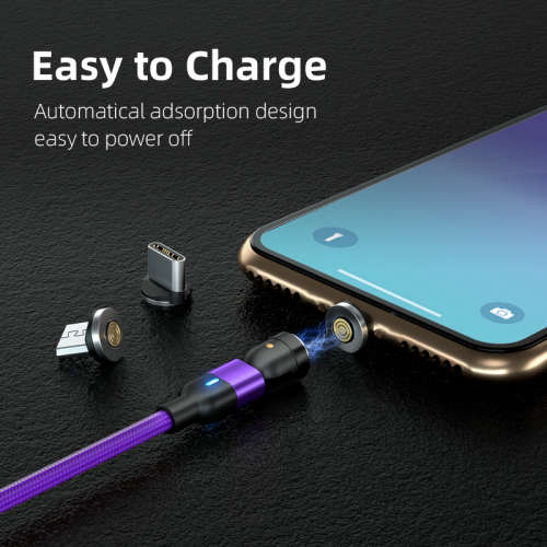 3 in 1 Magnetic Cable 3A Data Fast Charging 540 Rotatable 2m Micro,USB C, IOS Nylon Braided (Purple)