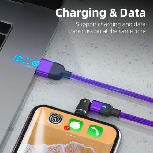 3 in 1 Magnetic Cable 3A Data Fast Charging 540 Rotatable 2m Micro,USB C, IOS Nylon Braided (Purple)