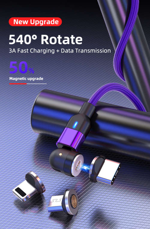 3 in 1 Magnetic Cable 3A Data Fast Charging 540 Rotatable 2m Micro,USB C, IOS Nylon Braided (Purple)