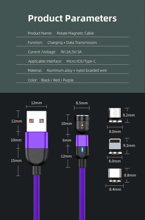 3 in 1 Magnetic Cable 3A Data Fast Charging 540 Rotatable 2m Micro,USB C, IOS Nylon Braided (Purple)