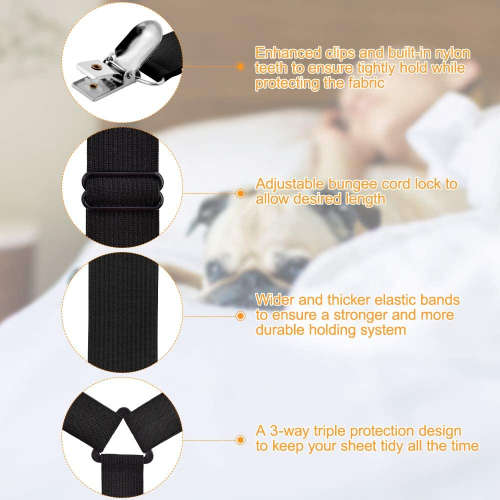 Bed Sheet Holder Straps,Fasteners Suspenders Adjustable Grippers Clip, 2pcs/Set Black