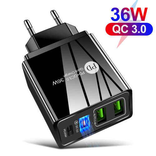 4 Port Fast charging 3 USB A and 1 USB C PD Wall charger (Black) *Sale*