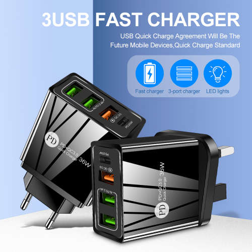 4 Port Fast charging 3 USB A and 1 USB C PD Wall charger (Black) *Sale*