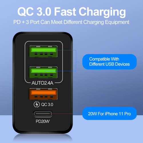 4 Port Fast charging 3 USB A and 1 USB C PD Wall charger (Black) *Sale*