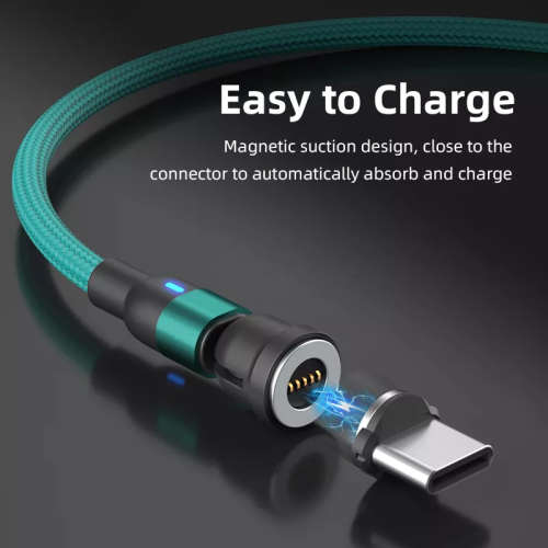 3 in 1 Magnetic Cable 3A Data Fast Charging 540 Rotatable 2m Micro, USB C, IOS Nylon Braided (Green)