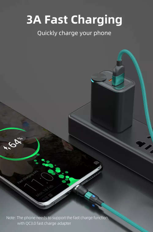 3 in 1 Magnetic Cable 3A Data Fast Charging 540 Rotatable 2m Micro, USB C, IOS Nylon Braided (Green)