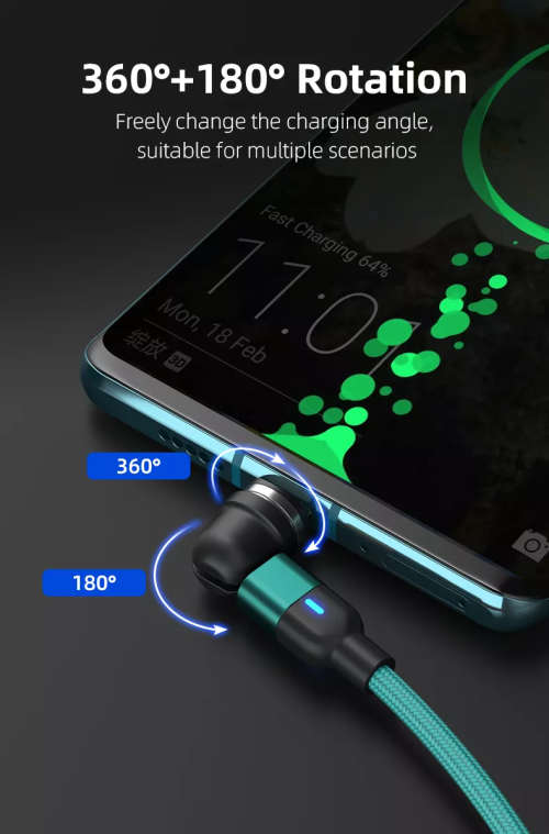 3 in 1 Magnetic Cable 3A Data Fast Charging 540 Rotatable 2m Micro, USB C, IOS Nylon Braided (Green)