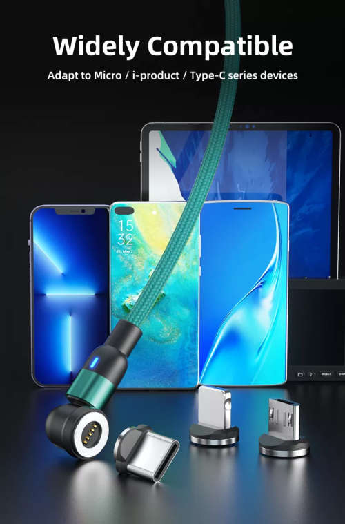 3 in 1 Magnetic Cable 3A Data Fast Charging 540 Rotatable 2m Micro, USB C, IOS Nylon Braided (Green)