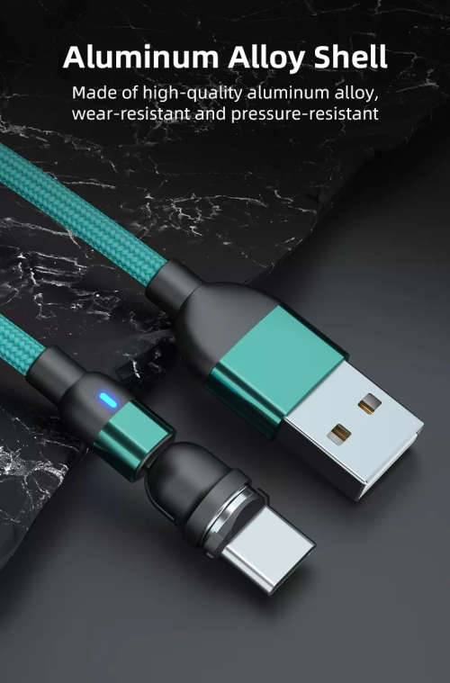 3 in 1 Magnetic Cable 3A Data Fast Charging 540 Rotatable 2m Micro, USB C, IOS Nylon Braided (Green)