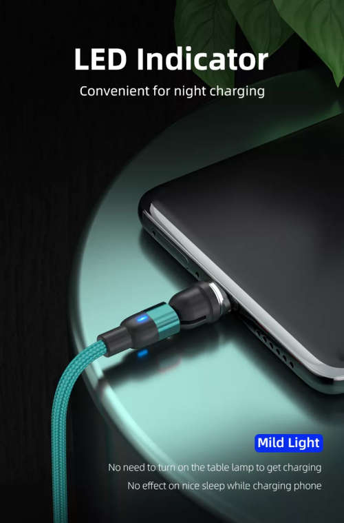 3 in 1 Magnetic Cable 3A Data Fast Charging 540 Rotatable 2m Micro, USB C, IOS Nylon Braided (Green)