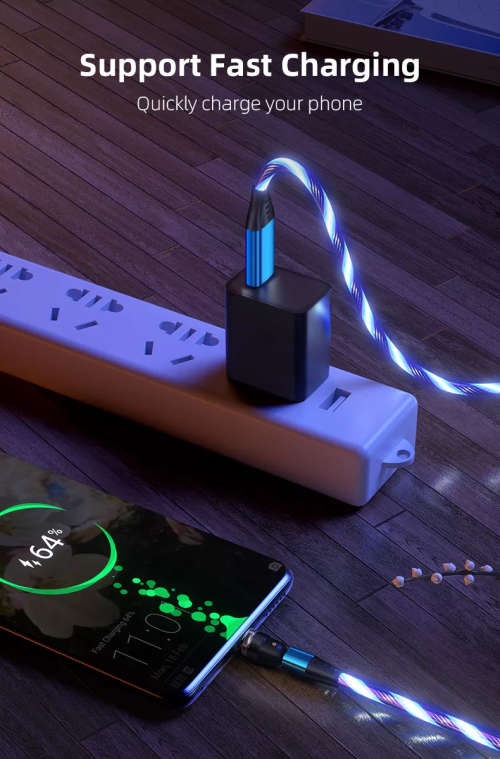 3 in 1 Luminous LED Magnetic Cable 3A Data Fast Charging 540 Rotatable 2m Micro, USB C, IOS (Blue)
