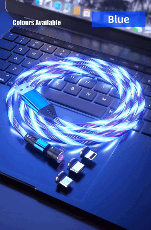 3 in 1 Luminous LED Magnetic Cable 3A Data Fast Charging 540 Rotatable 2m Micro, USB C, IOS (Blue)