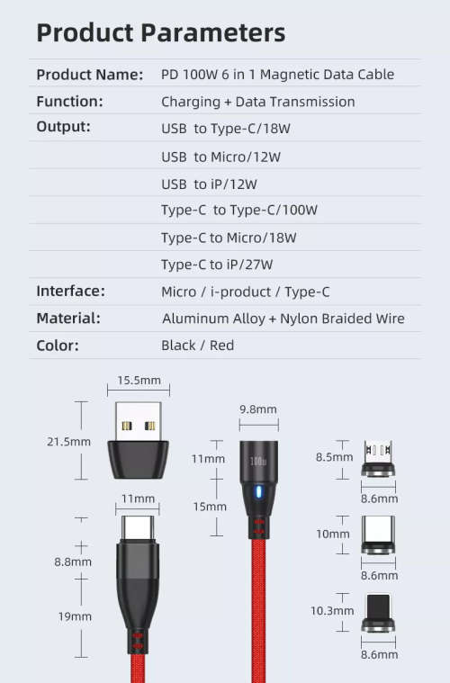 6 in 1 Magnetic Cable Data Fast Charging PD100W 1.8m Micro, USB C, IOS Nylon Braided (Red)