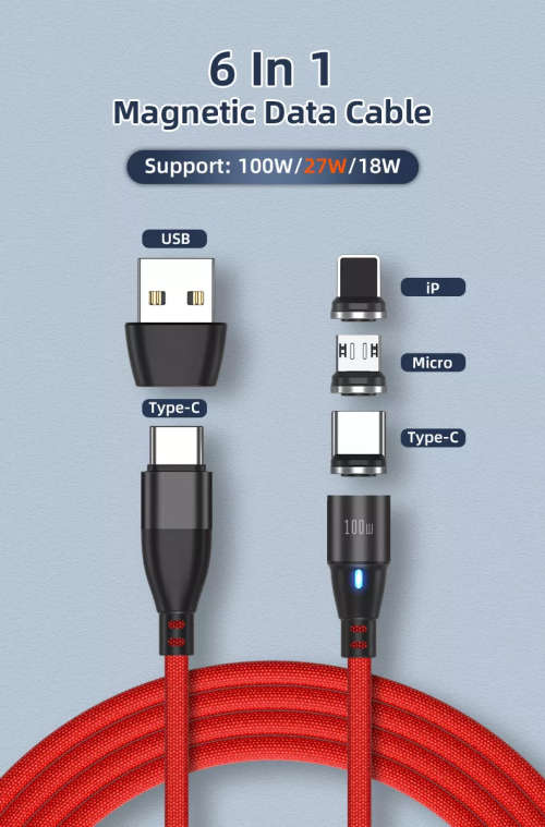6 in 1 Magnetic Cable Data Fast Charging PD100W 1.8m Micro, USB C, IOS Nylon Braided (Red)