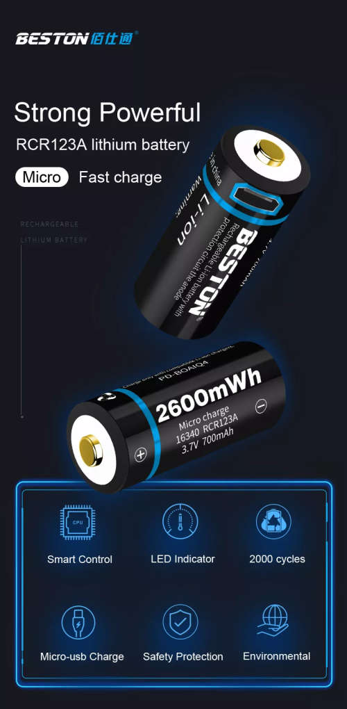 BESTON CR123A Micro USB Rechargeable Lithium Battery | 16340 | 3.7V | 700mAh | 2 Pack