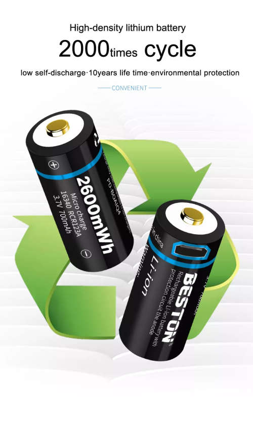BESTON CR123A Micro USB Rechargeable Lithium Battery | 16340 | 3.7V | 700mAh | 2 Pack