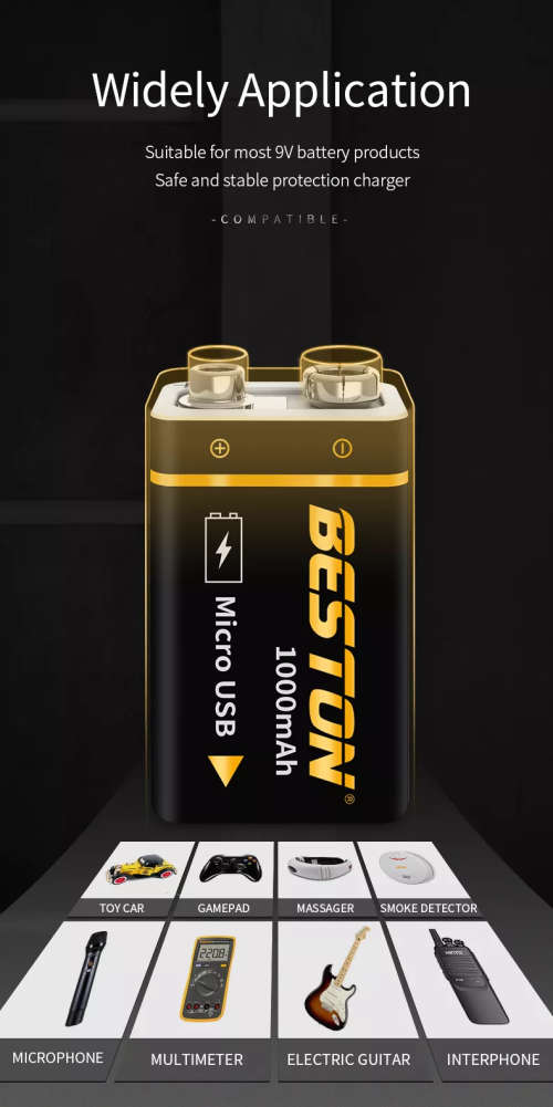BESTON 9V Micro USB Rechargeable Lithium Battery | 9V | 400mAh | 1 Pack