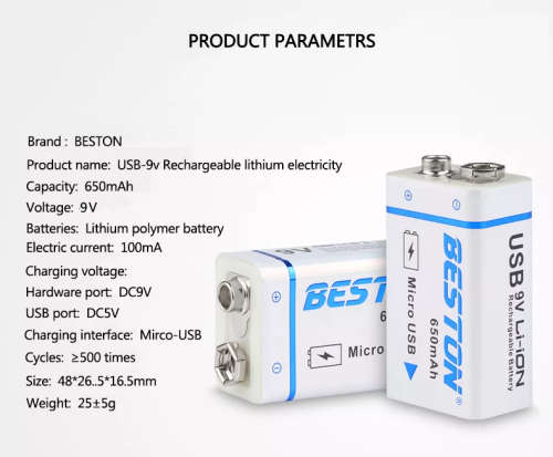 BESTON 9V Micro USB Rechargeable Lithium Battery | 9V | 260mAh | 1 Pack
