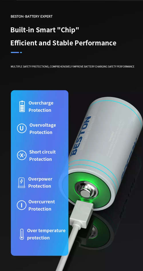 BESTON D Cell USB C Rechargeable Lithium Battery | 1.5V | 4000mAh | 1 Pack