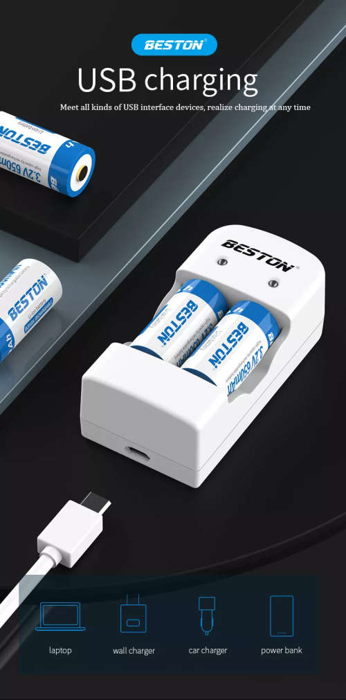 BESTON CR123A Rechargeable Lithium Battery | 16340 | 3.2V | 650mAh | 2 Pack with Battery Charger