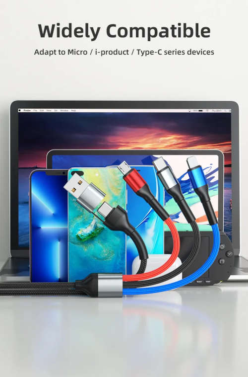 6 in 1 USB A or C to Micro USB, USB C, IOS Cable Fast Charging PD60W 1.2m Nylon Braided (Black)