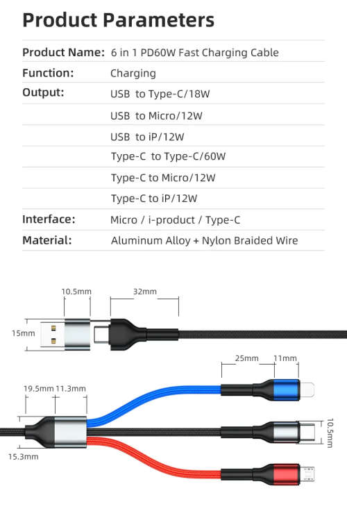 6 in 1 USB A or C to Micro USB, USB C, IOS Cable Fast Charging PD60W 1.2m Nylon Braided (Black)