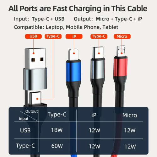 6 in 1 USB A or C to Micro USB, USB C, IOS Cable Fast Charging PD60W 1.2m Nylon Braided (Black)
