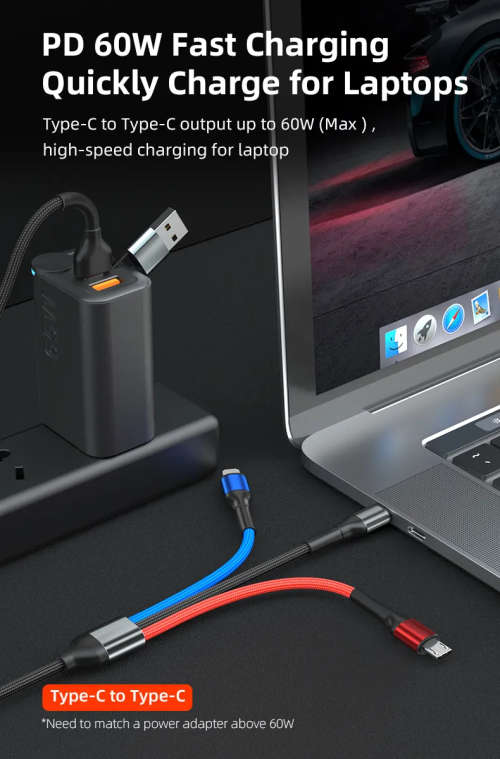 6 in 1 USB A or C to Micro USB, USB C, IOS Cable Fast Charging PD60W 1.2m Nylon Braided (Black)