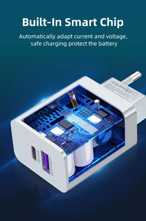 2 Port Fast charging 1 USB A 3A and 1 USB C PD20W Wall charger (White)