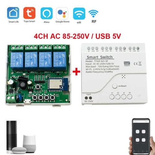 Smart Life Tuya WIFI 4CH 5V or 85-250V Door Gate Garage Opener Inching Relay Module with RF433Mhz