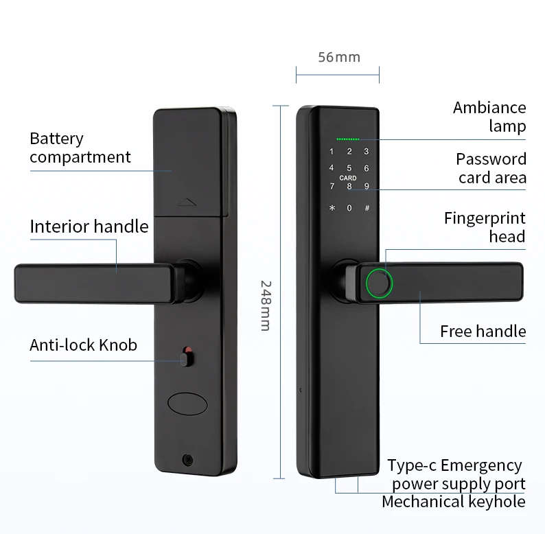 Smart Life Tuya WIFI Access Control Fingerprint Keypad Card Door Handle Lock P14 (Black)