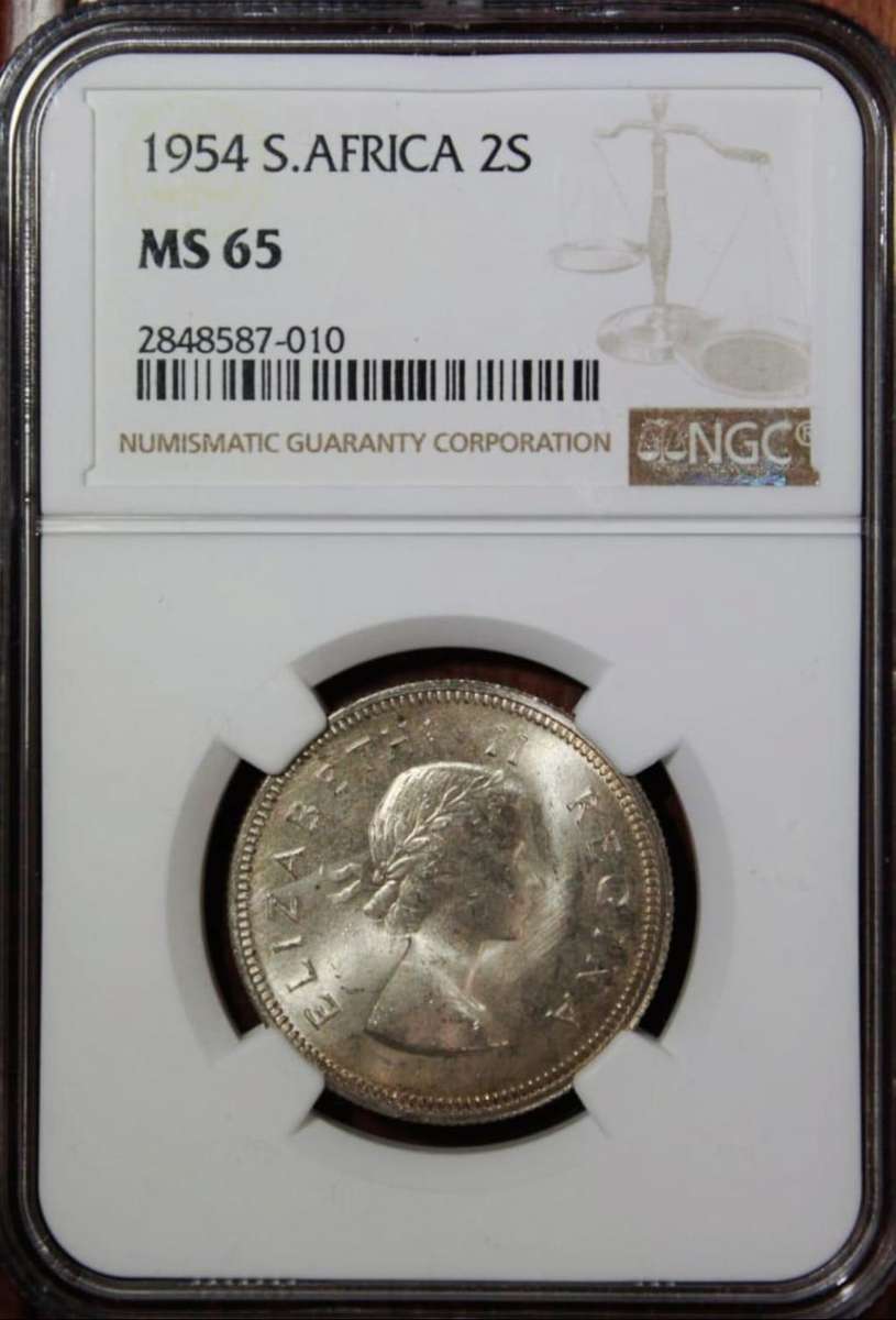 # 2nd Finest Known # 1954 Ms65 QE2 SA Union 2/ Shilling - NGC `Top Gem`- grab n` bargain