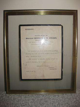1901 DOODBERICHT of paul kruger's wife-rare.FRAMED AND ORIGINAL+MEDALgrab a bargain