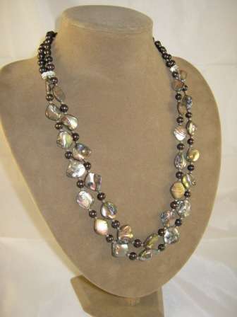 Double Strand 60 cm, 7 mm round black real freshwater pearl and shell necklace