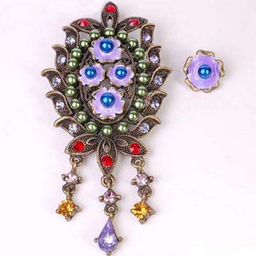 Amethyst and Ruby Crystal and Imitation Pearl Floral Brooch