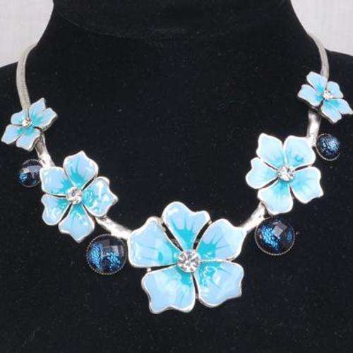 Blue Crystal and Lucite Enamelled Flower Necklace