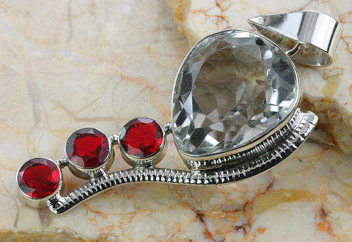 White Quartz Sterling Silver Pendant with Red Quartz accents