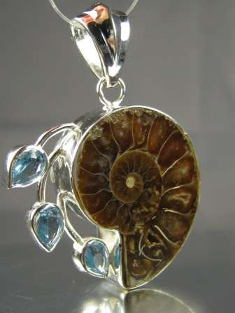 Ammonite and Blue Quartz Sterling Silver Pendant