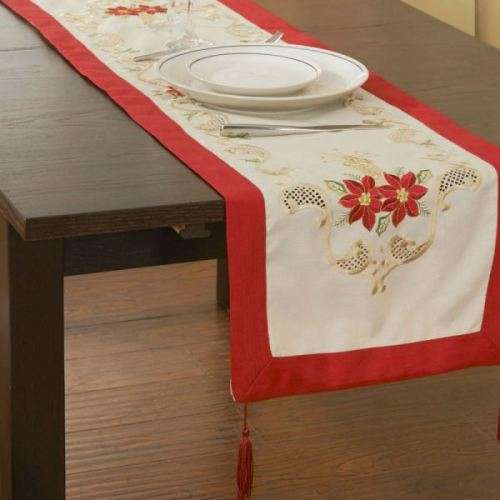 Luxury Christmas Table runner in cream and red with beautiful delicate embroidery