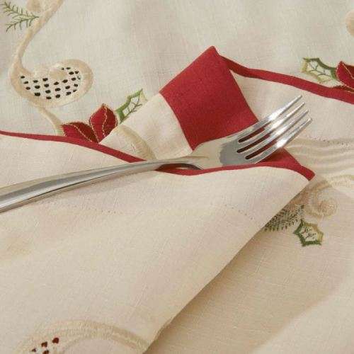Luxury Christmas Table runner in cream and red with beautiful delicate embroidery