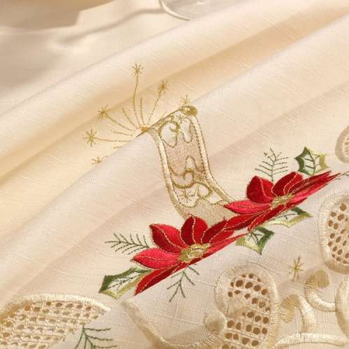 Luxury Christmas Table runner in cream and red with beautiful delicate embroidery
