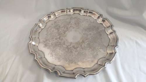 Lovely decorated silver plate tray /salver and 2 silver plate dwarf candlesticks