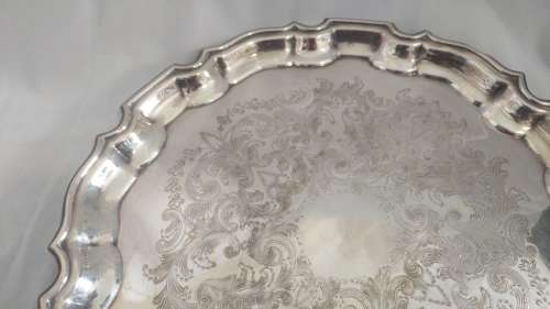 Lovely decorated silver plate tray /salver and 2 silver plate dwarf candlesticks