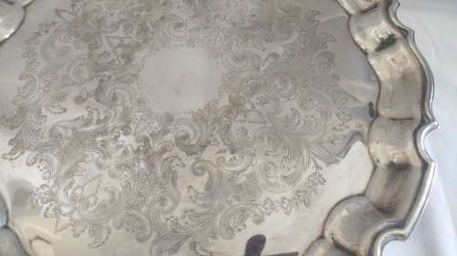 Lovely decorated silver plate tray /salver and 2 silver plate dwarf candlesticks