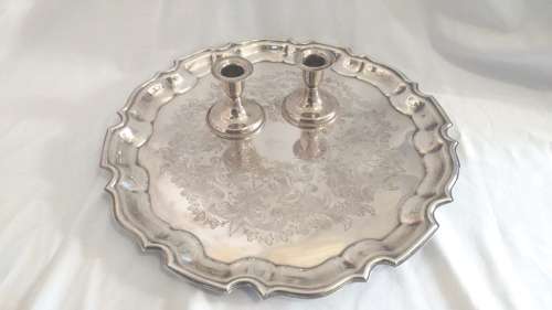 Lovely decorated silver plate tray /salver and 2 silver plate dwarf candlesticks
